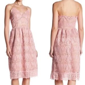 Current Air (Anthropologie) Pink Lace Overlay Midi Dress